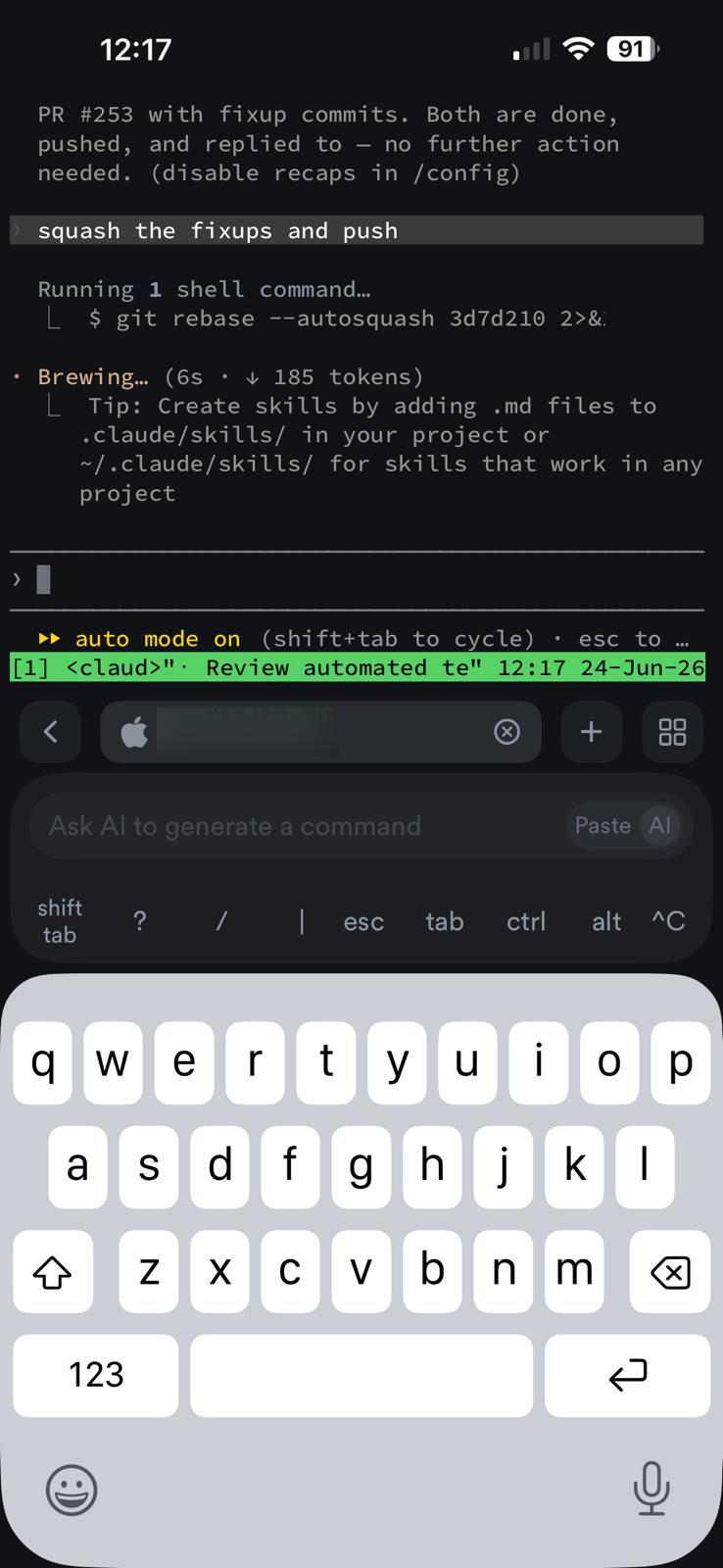 Claude Code working autonomously in auto mode from the iPhone