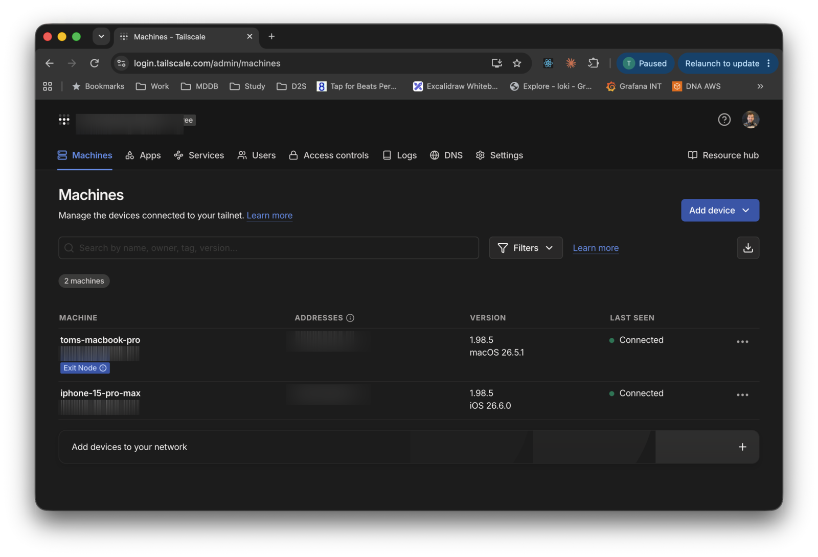 The Tailscale admin console showing the MacBook and iPhone connected to the same tailnet