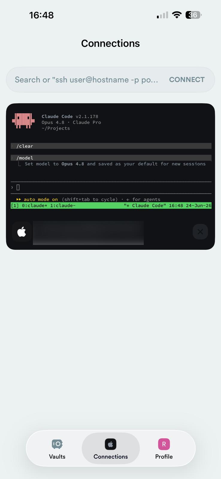 Termius Connections list with the MacBook host