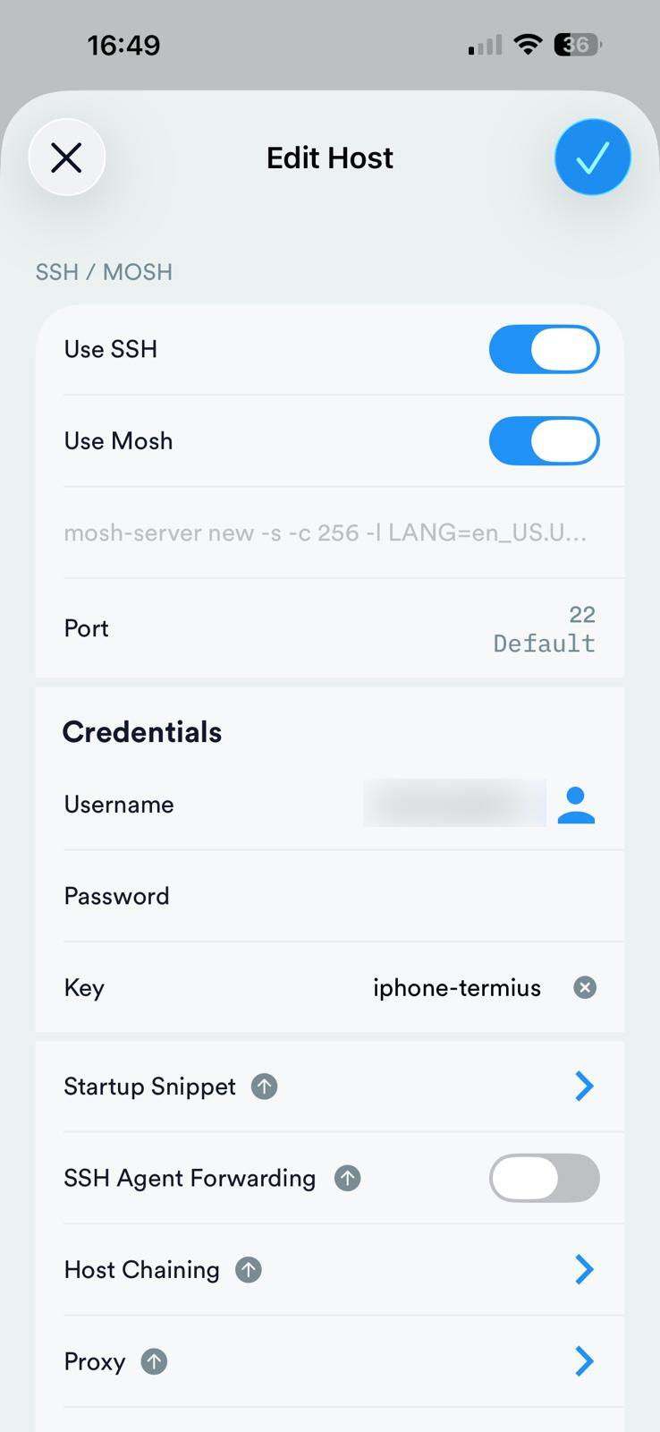 Termius Edit Host screen showing SSH and Mosh enabled with key auth
