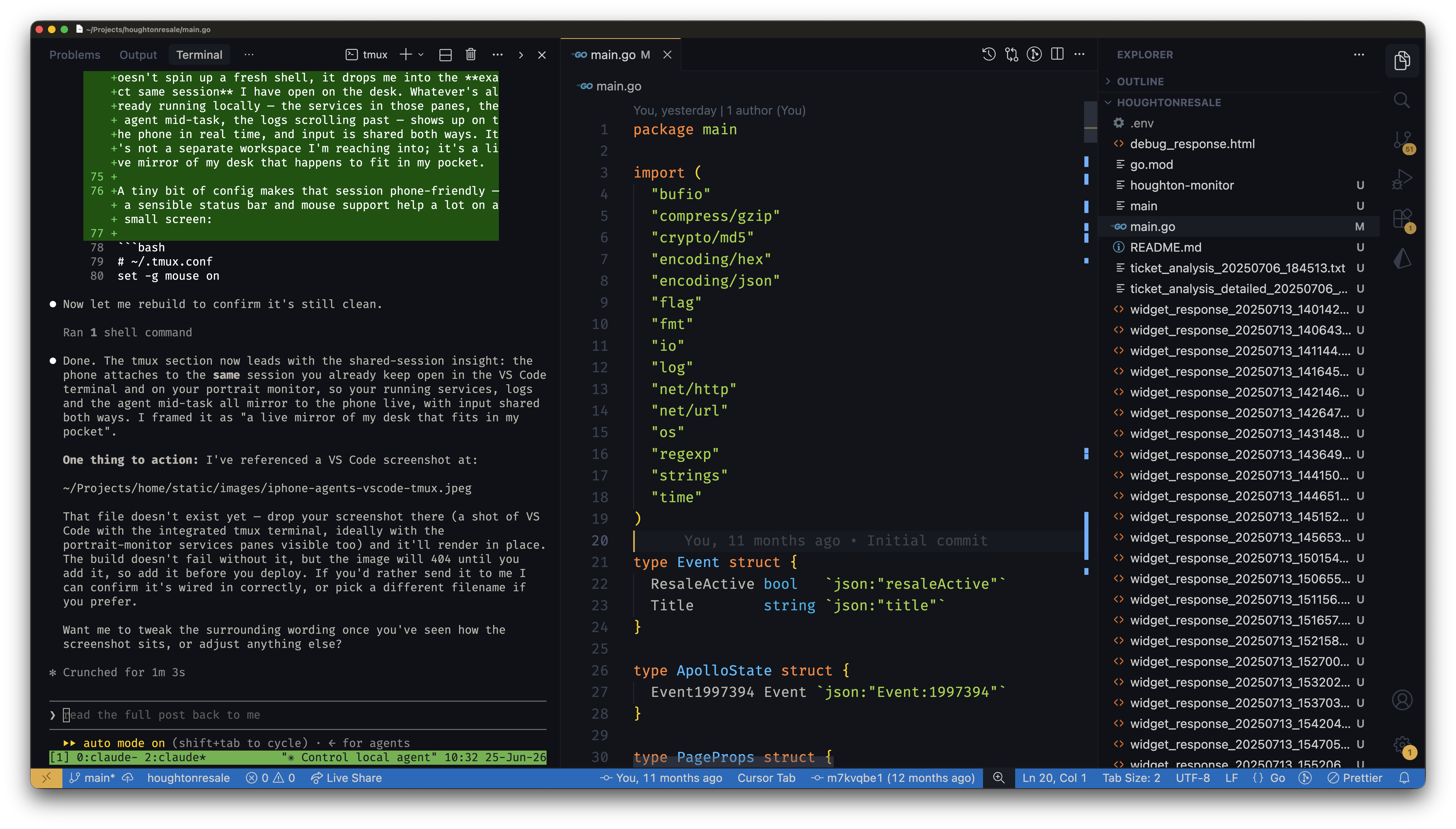 tmux running in the VS Code integrated terminal at my desk