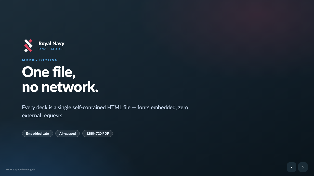 Title slide of a generated deck, dark navy gradient with the Royal Navy brandmark, reading “One file, no network.”